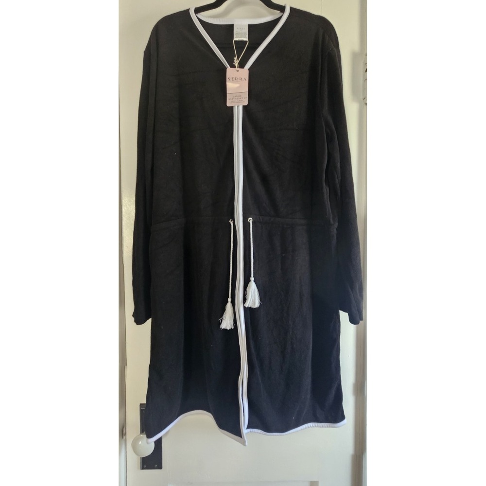 NWT SERRA LADIES TERRY COVER UP Blac white drawstring tassel piping trim zip XL